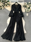 V Neck Jumpsuits for Women Long Puff Sleeve Belt Design Loose Wide Legs Pleated Pants Streetwear Fashion OL