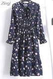Women Floral Chiffon Dress Autumn Winter Long Sleeve Elastic Waist Bow Collar Casual Elegant Party Office Dresses