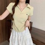 Embroidered Bow Polo Collar Short Sleeve TeeOutfit