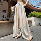 Silk Cotton Striped Broad Leg Pants Women Summer Thin Silk Linen Suit Pants Loose Straight Tug