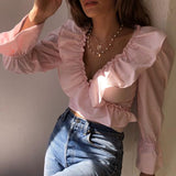 Lady Fashion Ruffled V-Neck Crop Top Long Puff Sleeve Blouse Woman Casual Shirt Tops Autumn Clothes Female Plus Size