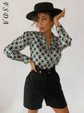 2021 Vintage Print Elegant Blouse Shirts Women Long Sleeve Green Turn Down Autumn Winter Y2K Casual Top Shirt Lady