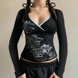 Plant Floral Print V-Neck T-Shirt 2025 Autumn Knitted Jersey New