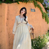 Zingj South French Dress, Ribbon Tassel Holiday Skirt Collar Show Thin Waist Lace Dress Day Silk