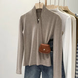 Color Design Feel Minority Long-Sleeved T-Shirt Women's Autumn New Semi-High-Collar Bottomed Shirt Slim V-Collar