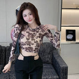 Women Slim Retro Floral Mesh T-shirt Fashion Long Sleeve Sexy Style Spring Summer Fashionable Blouses Female Thin