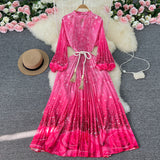 Zingj Luxury Retro French Round Collar Lantern Long Sleeve Print Dress Women's Belt With Loose Waist Show Thin Pleated