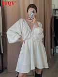 Sexy Deep V-neck Mini Dress Ladies Fashion Loose Long Sleeve Office Dress Streetwear Elegant White Dresses For