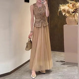 Small Fragrant Wind Two Sets Of 2025 New Coarse Flowers Vest Suit Jacket High-Waist Net Yarn Half-Body Dress Suit Women's