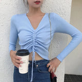 Sexy lace up knitting pullover top Fashion autumn winter sweater women Chic pink V-neck knit slim jumper pull