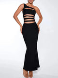 Black One Shoulder Slit Design Maxi Dress- Outfit