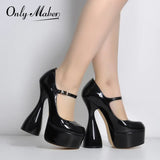 Onlymaker Women Pumps Platform Black Patent Leather Spike High Heels Slip-On Buckle Big Size Fashion Elegant Mary Jane