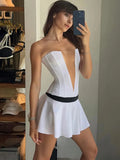 White Tube V-neck Contrast Pleated Mini Dress- Outfit