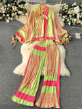 American Fashion Senior Suits Bow Collar Batwing Sleeve Top+Pleated Long Pant 2023 Women Casual Loose Printed