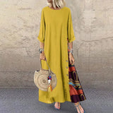 Vintage Maxi Dress Summer Solid O Neck Stitching Printed 3/4 Sleeve Side Buttons Dresses Loose Casual Long Dress Plus