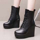 Head 12Cm High Slope And Waterproof Table Mid-Sleevel Boots With Side Zipper Women's Boots Pine Cake Plus Velvet Winter Warm Leather