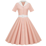 Shirt Rockabilly Dresses Contrast Collar Button Up Short Sleeve Women Elegant High Waist Vintage 60s 50s Midi Swing