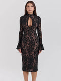 Black Lace Front Slit Long Sleeve Midi Dress- Outfit