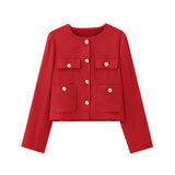 Women's Solid Color Coat 2025 Spring Commuter Leisure Buckle Dress Short Long-Sleeved Round-Neck