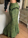 Green Lace Printed Trumpet Long Skirt- Outfit