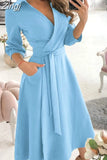 Women Summer Long Dress Short Sleeve V Neck Solid Vintage Elegant Chic Shirt Dress With Belt Office Ladies Party
