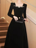Chic Black Velvet Midi Dresses for Women 2023 New Autumn Vintage Fashion Evening Party Long Sleeve Female Clothing