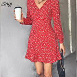 Elegant Floral Print Dresses Women Summer Dresses 2022 New V-neck Full Flared Sleeve Waist Ruffle Hem A-line Mini