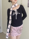Aesthetic Girl Bow Printing Scarf Harajuku Two-sided Warmth Harajuku Neckerchief 2024 Japanese Grunge Streetwear