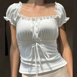 Ruffled Square Neck Puff Short Sleeve TeeOutfit
