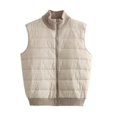 New Women's Versatile Striped Standing Collar Zipper Sleeveless Padded Jacket Patchwork Knit