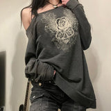 Zingj 2024 New Dark Wind Vintage Print Loose Jacket Diagonal Collar Hoodie Coat