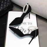 Fairy Wind And Black Beautiful Pearl Strap High Heels Sexy Shallow Velvet Single