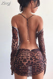 Leopard Print Backless Dress Women Long Sleeve Mesh Dress 2023 Spring Halter Transparent Sexy Club Dress
