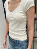 Slim T-Shirt Summer V Neck Streetwear Cotton Top 2023 Femme Sweet Cute Y2k Simple Tee Tops Woman