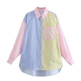 top Fashion women shirts Contrast Color Striped Print Smock Blouse Office Ladies Breasted Casual Shirts Chic Blusas