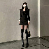 Black Two Piece Dress Set Women Blazer Coat+Strap Dress Set Female Casual Korean Fashion Slim Elegant Dress Suit