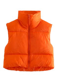 Women Fashion Brown Cropped Vest Coat Female Stand Collar Zipper Waistcoat Ladies Casual