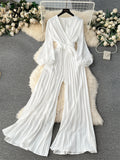 V Neck Jumpsuits for Women Long Puff Sleeve Belt Design Loose Wide Legs Pleated Pants Streetwear Fashion OL