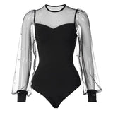 Round Collar Mesh Hollow Long Sleeve Bodysuit, Tight Solid Color High Waist