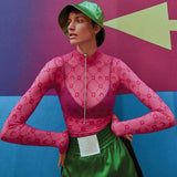 2024 Summer Women's New Sexy Mesh Perspective Thin Half-High Collar Long-Sleeved Bottom