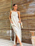 3d Flower Cotton Linen Sling Maxi Dresses Women Backless Sleeveless Slim Long Robes 2024 Chic Lady Vacation Party