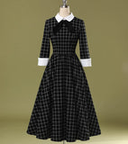 Sleeve Winter Black Plaid Vintage Tunic Dress Hepburn Gingham Retro Turn Down Collar Bowknot A Line Rockabilly Swing