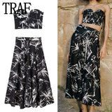 Print Black Long Skirts For Women Fashion 2023 High Waist Midi Skirt Sets Cape Style Beach Summer Skirt Woman Pleated
