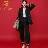 New Fashion Women Pant Suits Long Sleeve Belted Blazer Long Trousers Suit Office Lady Work wear 2 Pieces set Women's