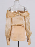 Temperament Famous Wind One-Word Shoulder Dress 2025 New Nail Drill Bow Collage Design Bubble Sleeve Skirt