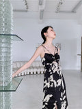 Summer Backless Sexy Long Slit Dress Women Sundress Shirring Floral Black Bodycon Ladies Slip Dress Ruched