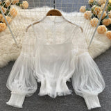 Zingj Sense Of Minority Three-Dimensional Flower Collage Perspective Net Gauze Lantern Sleeves Slim Short Blouse Women's Lace Bottomed