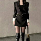 Black Two Piece Dress Set Women Blazer Coat+Strap Dress Set Female Casual Korean Fashion Slim Elegant Dress Suit