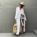 Casual Solid Long Sleeve Self Belted Kimono Dress Plus Size Women Casual Elastic Waist Long Loose Slit Beach Dress