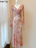 Mermaid Flare Sleeve Long Dresses Vintage Sexy Bodycon Pink Print Evening Club Robe Women Spring Summer